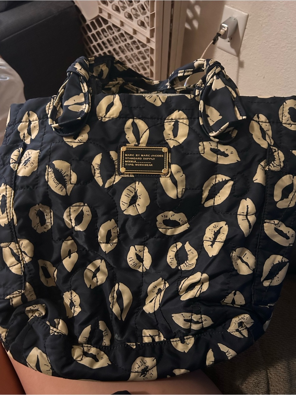 Marc by Marc Jacobs Navy Quilted Lip-Print Tote with Cream Lips